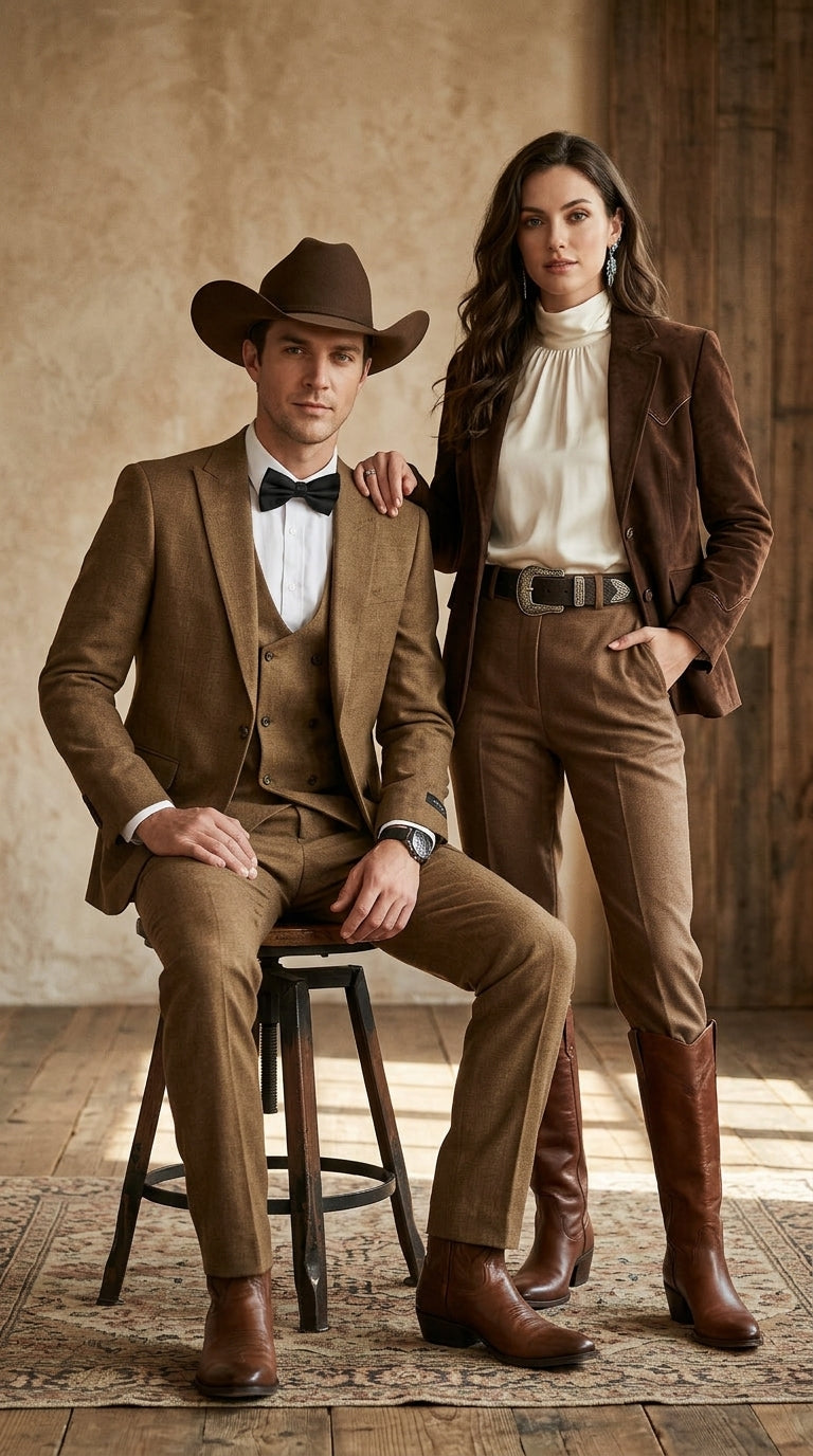 Men’s Light Brown Western 3-Piece Suit – Cowboy Wedding Suit with Vest British Khaki Bronze Color