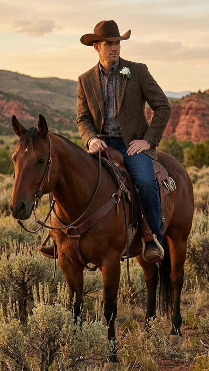 Men’s Brown Western Tweed Herringbone Blazer Jacket – Classic Cowboy Style Sport Coat for Wedding Party