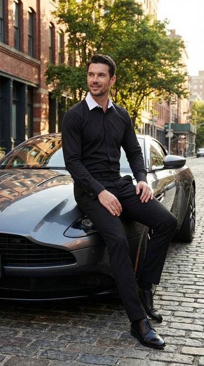 Men’s Black Dress Shirt with White Contrast Collar | French Cuff Cotton Poplin Formal Button-Up Shirt