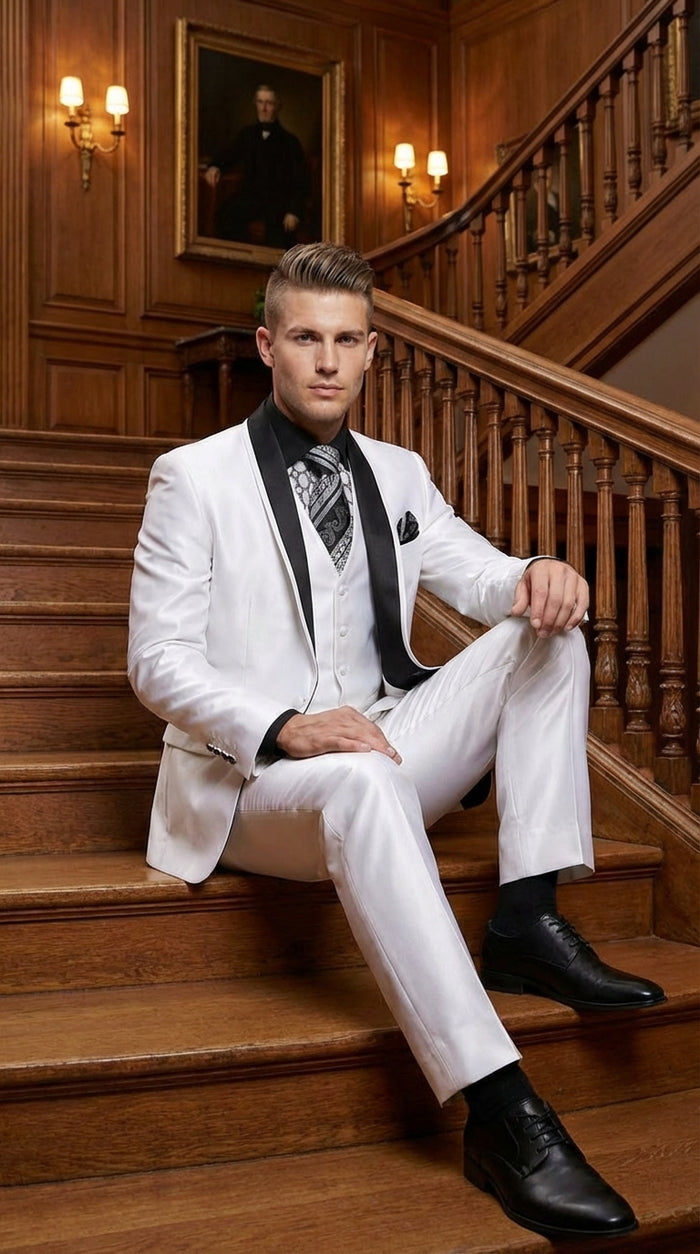 Men’s White Shiny Flashy Fabric Tuxedo Suit with Black Shawl Lapel | Luxury Formal Wedding and Evening Suits Sharkskin Metallic Fabric