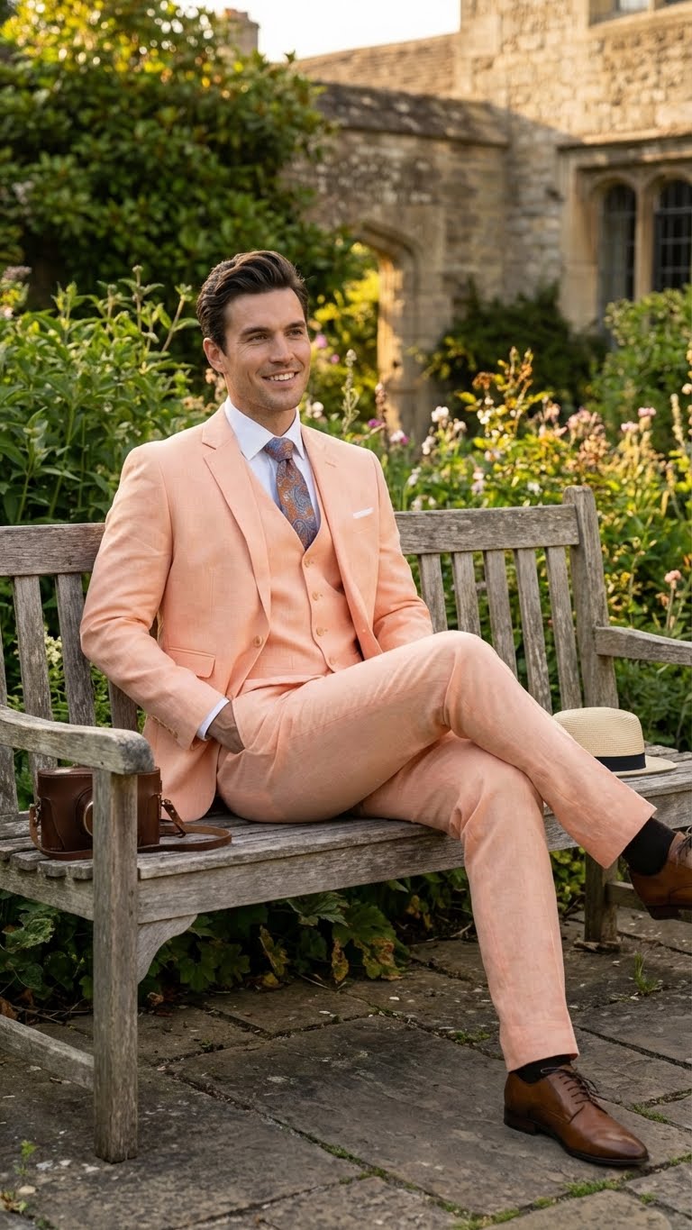 Men’s Light Peach 3 Piece Suit Set with Vest, Prom Wedding Dress Suit