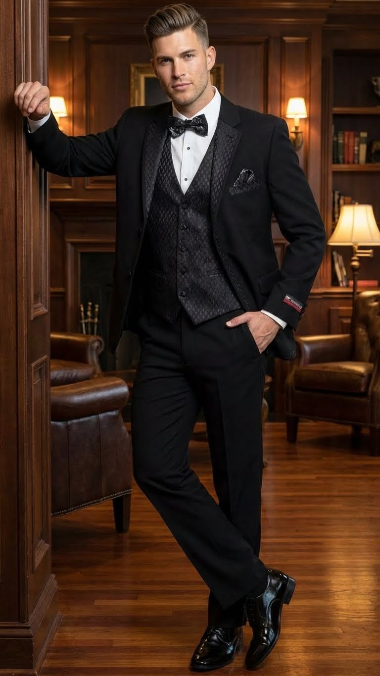 Men's Black Vested Tuxedo Suit with Patterned Lapel – Classic Formal Suit for Wedding, Party and Evening Events