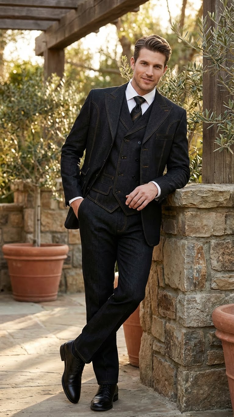 Men's Black Denim Fabric Suit – Classic Three Piece Denim Suit for Wedding, Prom and Church Wear