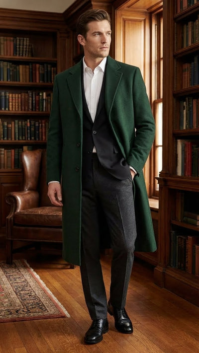 Men’s Hunter Green Full-Length Wool Overcoat – Classic Winter Dress Coat for Formal and Casual Wear Topcoat Mens Wintercoat