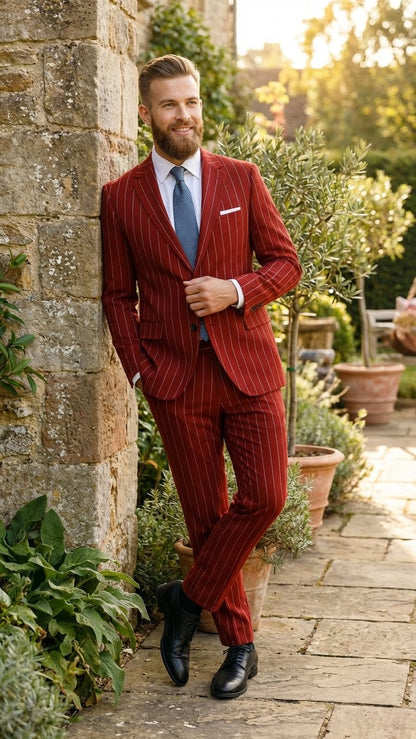 Men’s Red Pinstripe Suit – Stripe Two-Button Vested Suit 2 Buttons