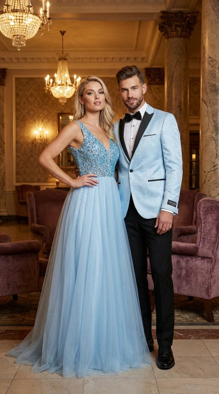 Men’s Baby Blue Tuxedo Blazer with Black Lapel – Formal Dinner Jacket for Wedding, Prom and Evening Events  in Sky Light Blue Color