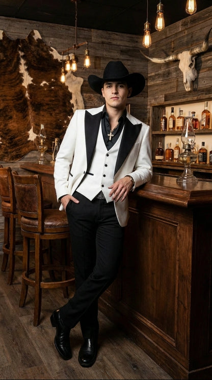 Men’s White Cowboy Tuxedo with Black Satin Lapel – Western Formal Suit with Matching Vest