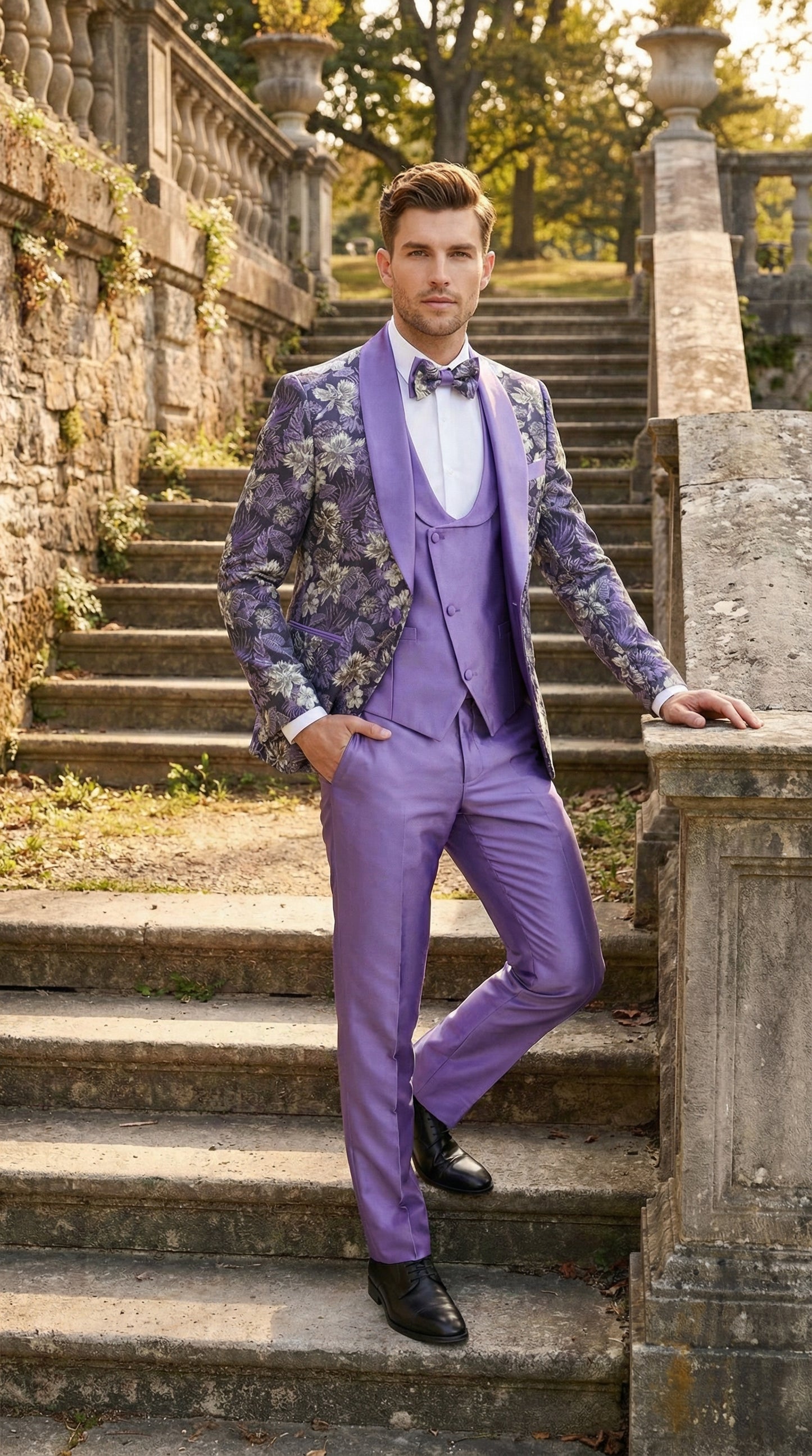 Men’s Purple Floral Prom Suit with Shawl Lapel – Luxury Formal Tuxedo Outfit for Prom, Wedding and Special Events