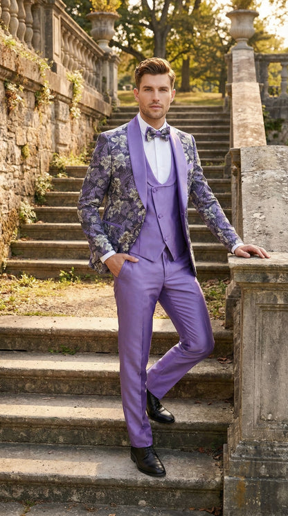 Men’s Purple Floral Prom Suit with Shawl Lapel – Luxury Formal Tuxedo Outfit for Prom, Wedding and Special Events
