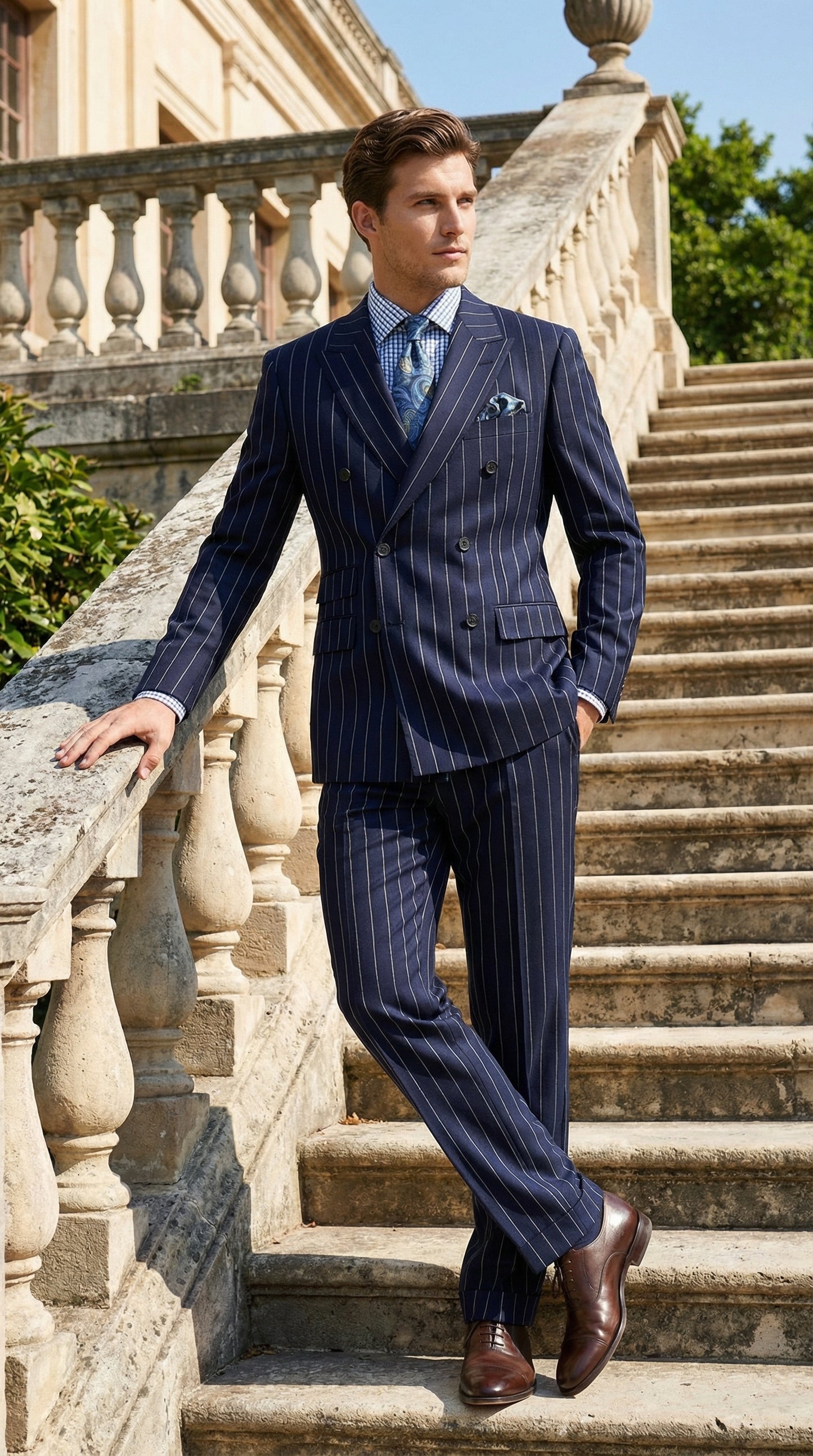 Men's Navy Blue Double Breasted Pinstripe Suit – Modern Fit By rossiman