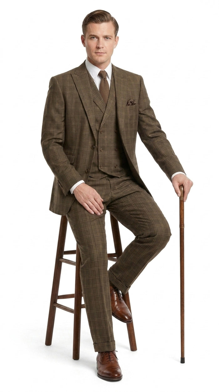 Men’s 1930s Brown Plaid 3 Piece Suit, Vintage Formal Wedding Business Dress Suit Set