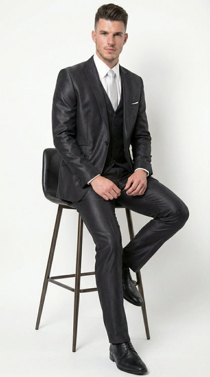 Men’s Black Three Piece Suit – Modern Fit 3PC Formal Suit with Vest for Wedding, Prom and Business Events Sharkskin Shiny Fabric
