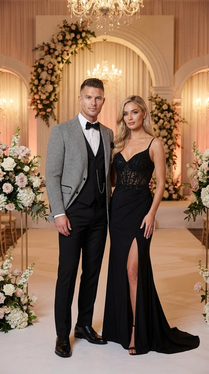 Men’s Black and White Houndstooth Gatsby Inspired Suit – Vintage Style Formal Suit for Wedding, Prom and Classic Events Blazer + Black vest + Black Pants