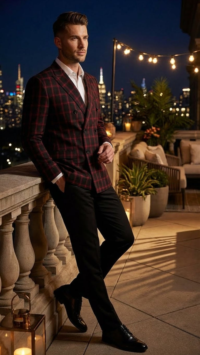 Men’s Black and Red Check Double Breasted Blazer – Sport Coat Jacket Windowpane Sportcoat Slim Fit