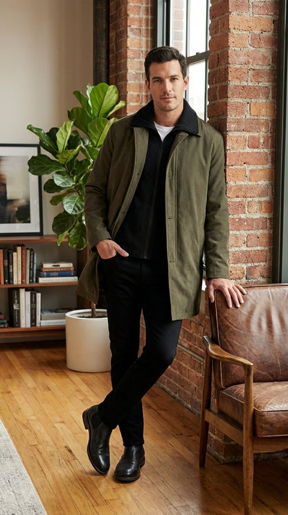 Mens Olive Brown Trench Coat Raincoat – Classic Water Resistant Long Coat with Zip and Button Closure for Business, Travel and Everyday Outerwear