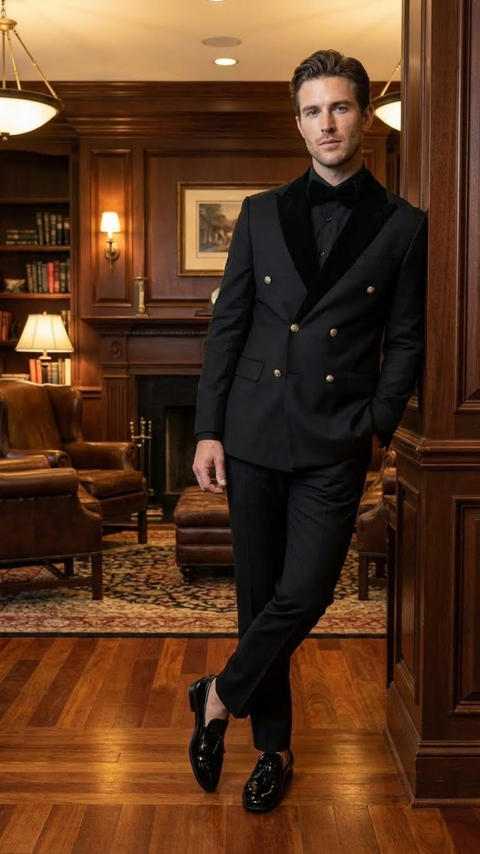 Men’s Black Double Breasted Tuxedo Suit – Luxury Formal Dinner Jacket Gold Buttons Velvet Lapel