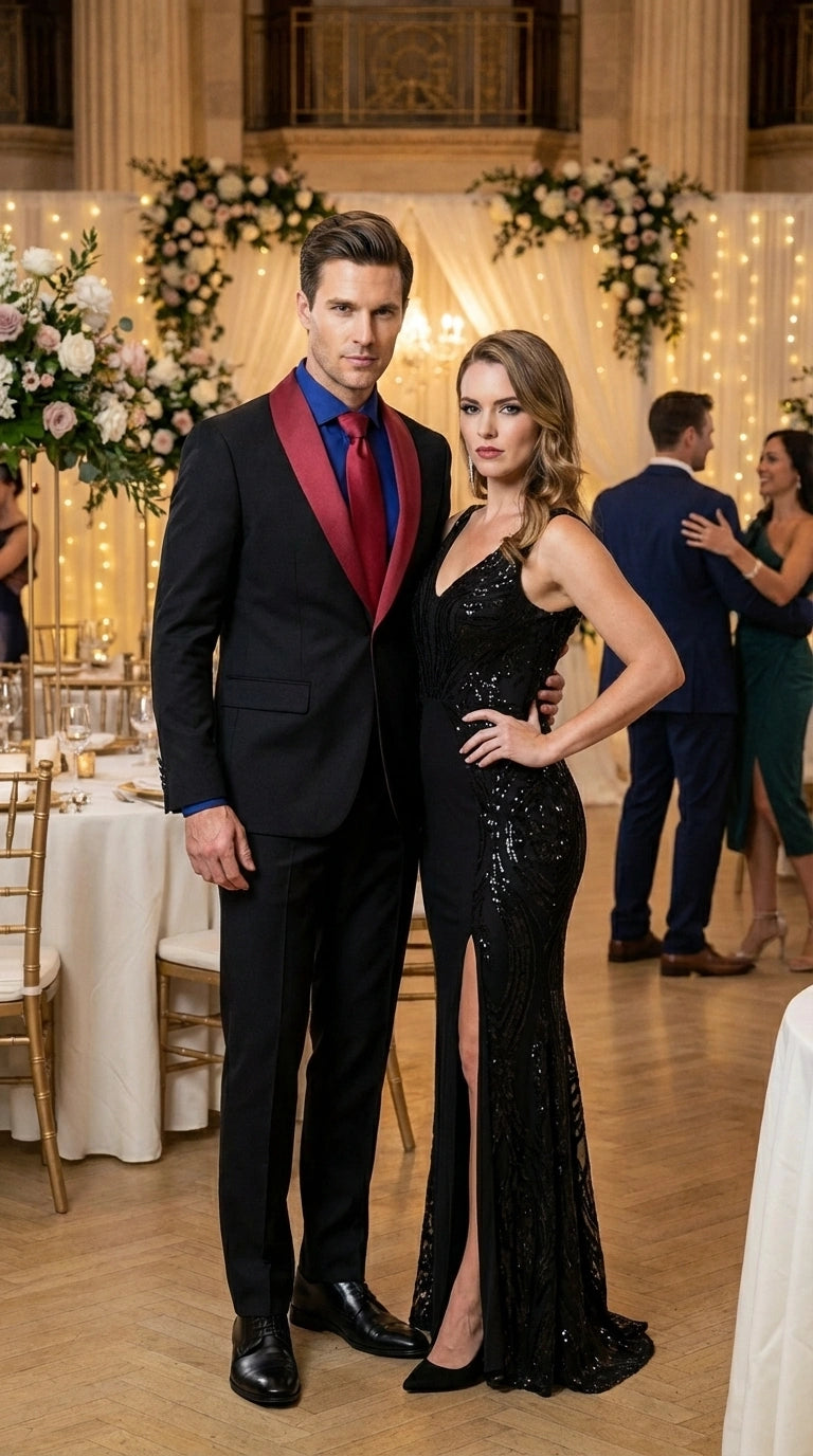 Men’s Black Suit with Burgundy Shawl Lapel –  Formal Tuxedo Suit for Wedding, Prom and Evening Events + Bowtie & Tie