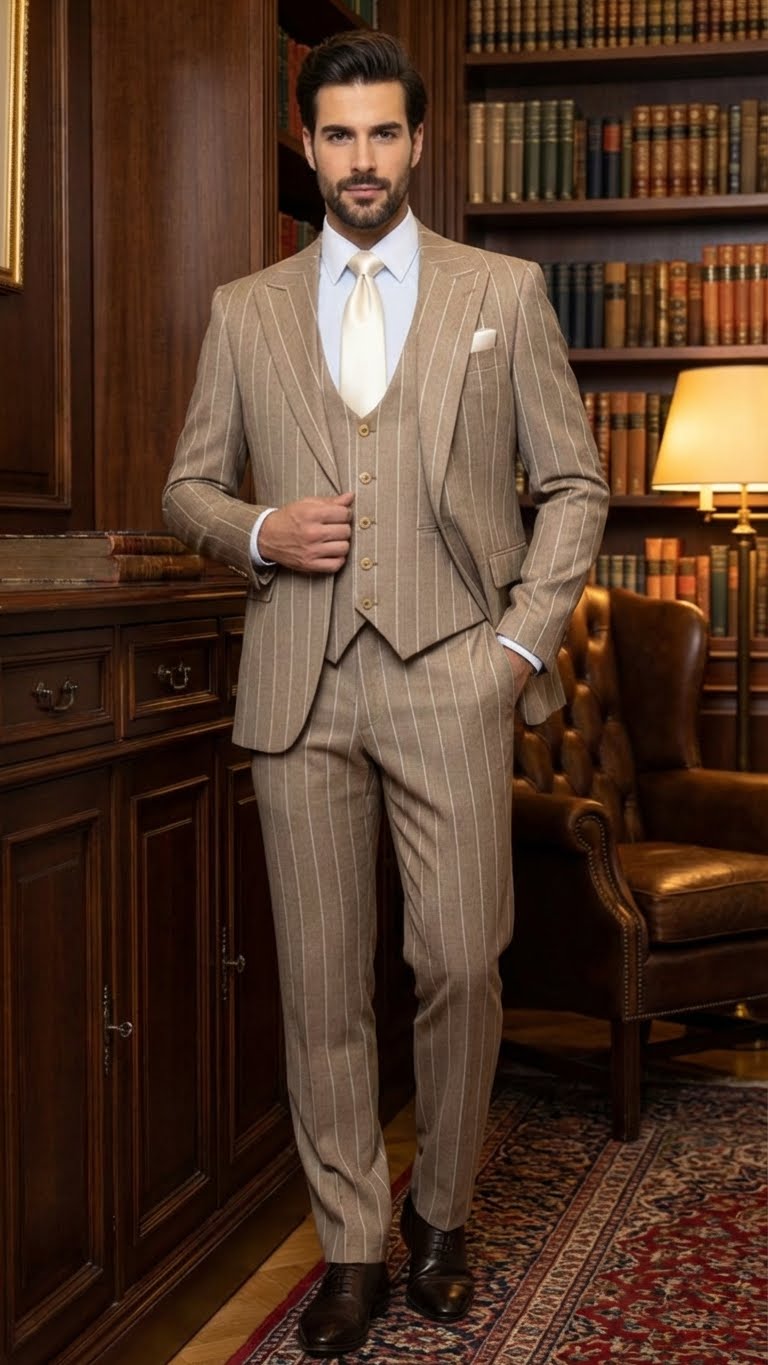 Men's Beige Pinstripe Three-Piece Vested Suit – Tailored Fit  Business Attire in Tan Stripe by Rossiman