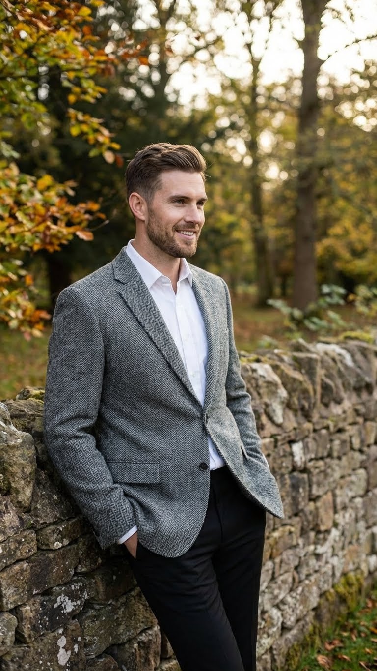 Men’s Grey Harris Tweed Blazer Jacket, Classic Herringbone Wool Sport Coat for Business Casual