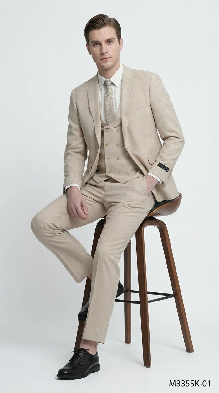 Mens Sand Beige 3 Piece Suit – Double breasted Vest Formal Suit Set  and Dress Pants in Champaign Natural Summer Color
