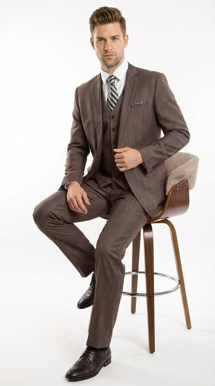 Men’s Brown Sharkskin 3 Piece Suit – Textured Two Button Vested Business Formal Suit for Wedding, Party Wear Vested