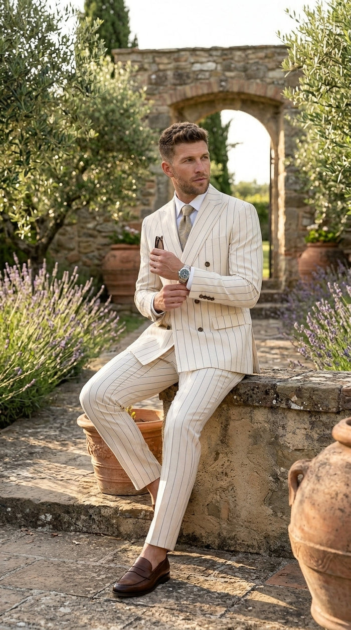Men’s Cream Off White Pinstripe Pinstripe 2 Piece Double Breasted Suit, Summer Wedding Ivory Color By Vitali