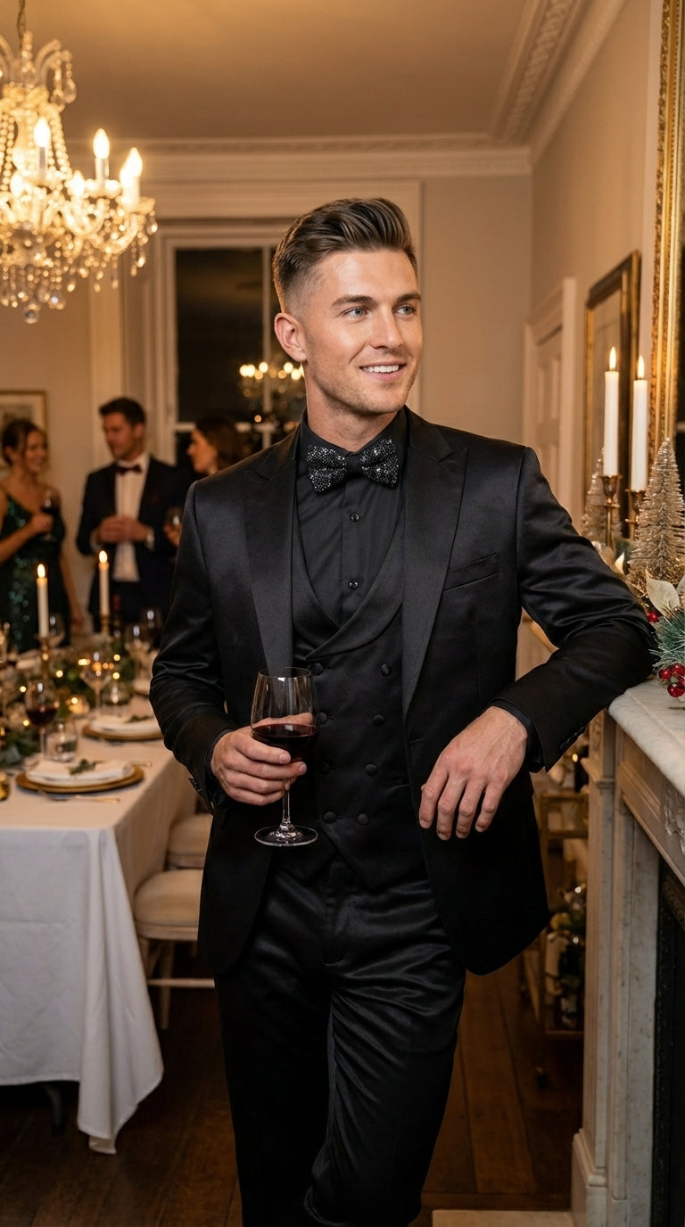 Men’s All Shiny Black Satin Suit – Black Satin Tuxedo Suit for Prom, Wedding, Formal Party and Evening Events Double breasted Vest