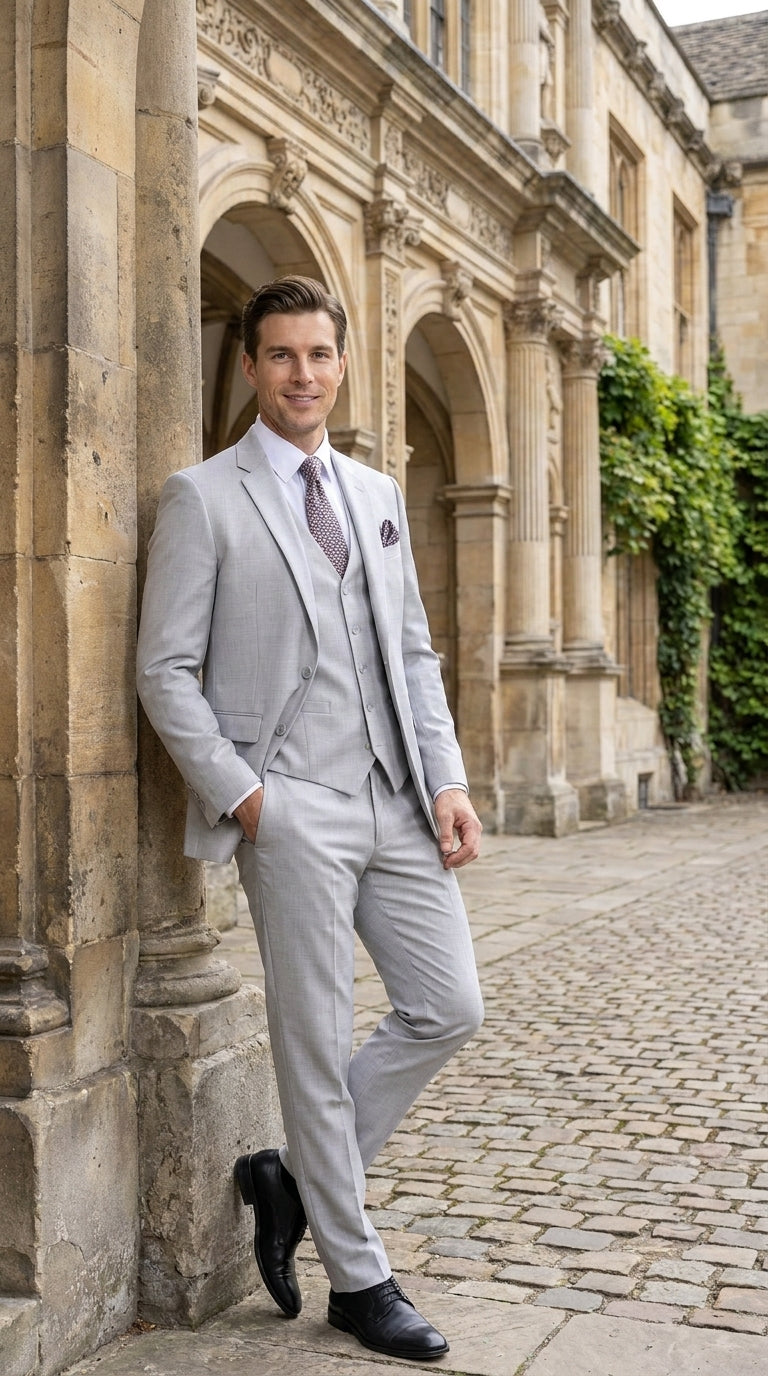 Men’s Light Grey Sharkskin 3 Piece Business Suit – Slim Fit Two Button Vested Wedding & Silver Suit