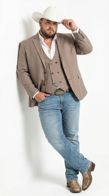 Men’s Light Grey Cowboy Blazer with Double breasted Vest – Western Two Piece Suit Pants included