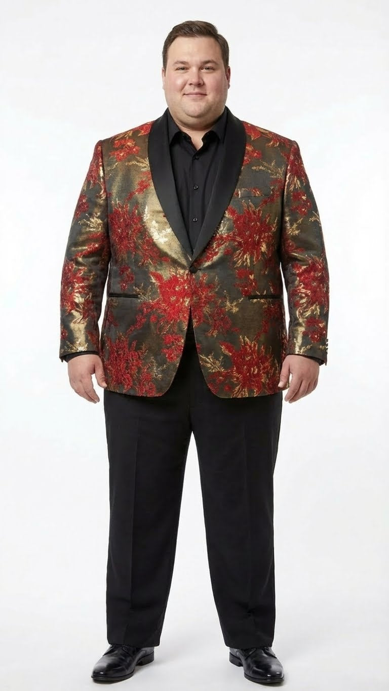 Men’s Red and Gold Floral Pattern Paisley  Shawl Lapel | Luxury Evening and Party Wear Jacket Prom Christmas New Year Blazer