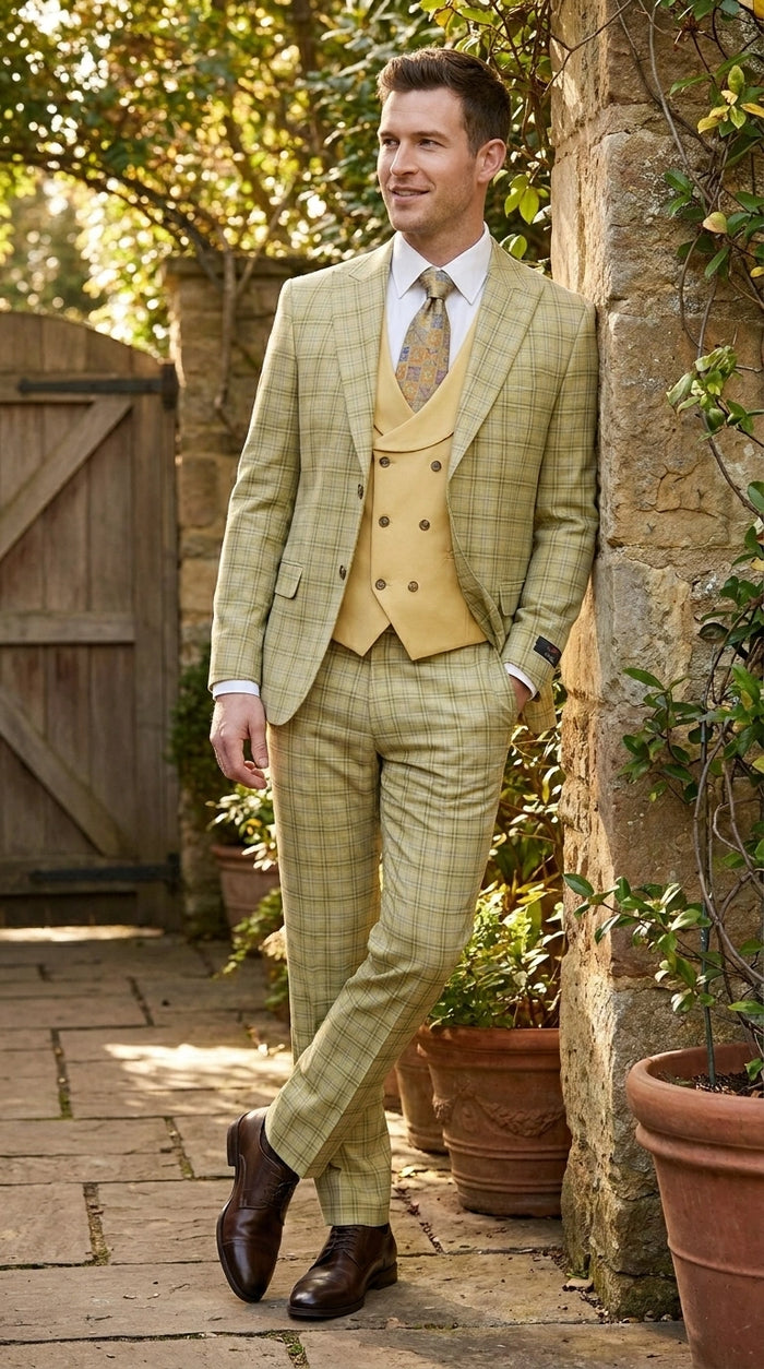 Vitali Men’s Sage Beige Tan Plaid 3 Piece Suit, Check Pattern Formal Dress Suit for Weddings, Prom, Business Events, Modern Fit Light Yellow Color