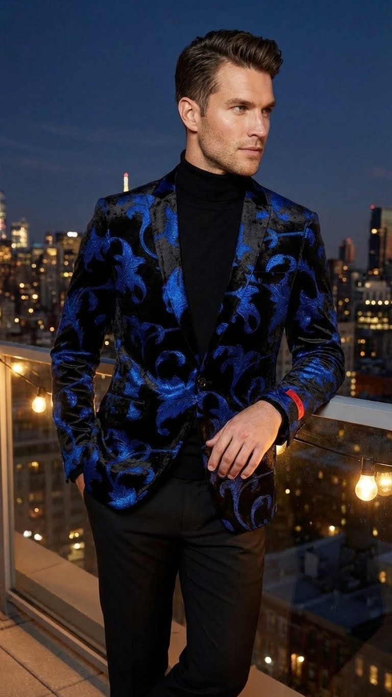 Men’s Black and Royal Blue Patterned Blazer – Paisley Floral Sport Coat Prom Jacket