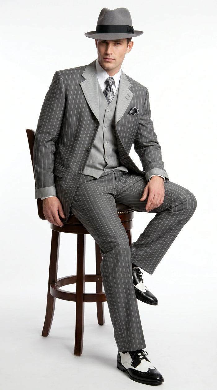 Men’s Grey Pinstripe 1920s Gangster 3 Piece Suit, Contrast Lapel Vintage Formal Suit for Parties, Prom, Weddings, and Theme Events