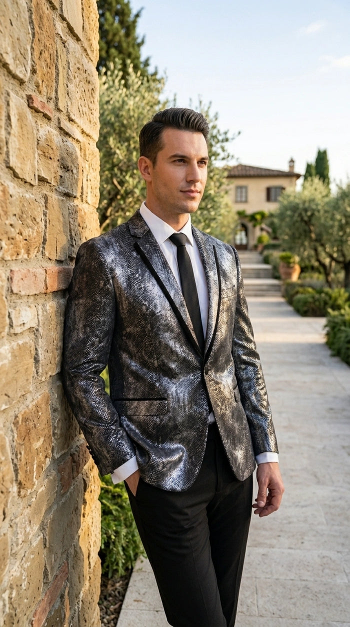 Men’s Black and Charcoal Gray Snakeskin Print Blazer, Animial Exotic Skin Alligator Crocodile Texture