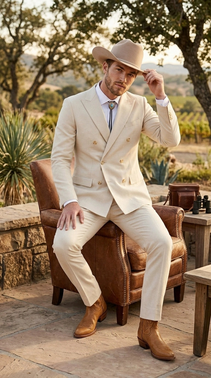 Men’s Tan Linen Cowboy Suit, Double Breasted Western Wedding Formal Western Suit Country style in Beige Tan Color