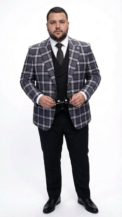 Men’s Big and Tall Charcoal Gray and Black Plaid Blazer – Grey Checker Windowpane Sport Coat