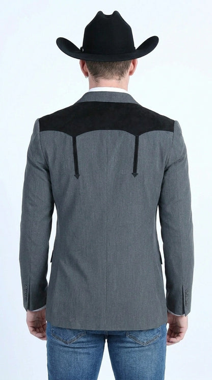 Men’s Dark Charcoal Western Blazer with Black Suede Yokes, Cowboy Sport Coat for Ranch Wedding and Country Events By Platini