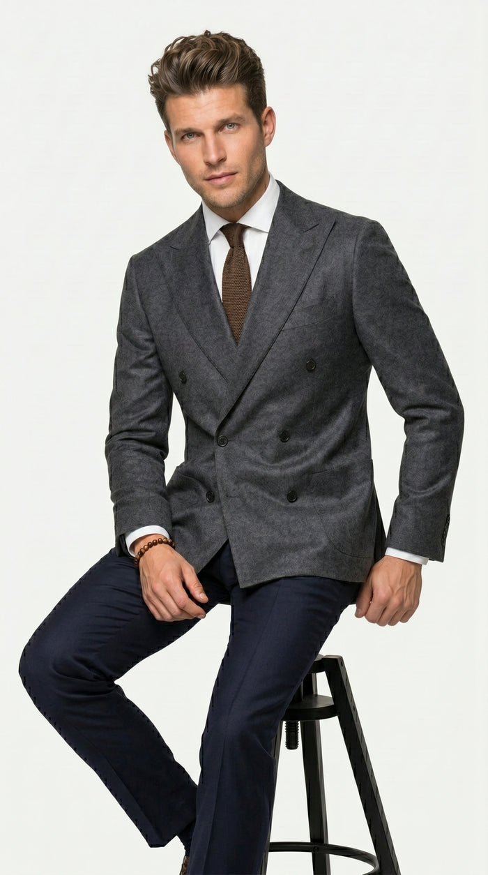 Men’s Charcoal Double Breasted Blazer, Formal Wedding Business Casual Sport Coat Jacket Wool Fabric