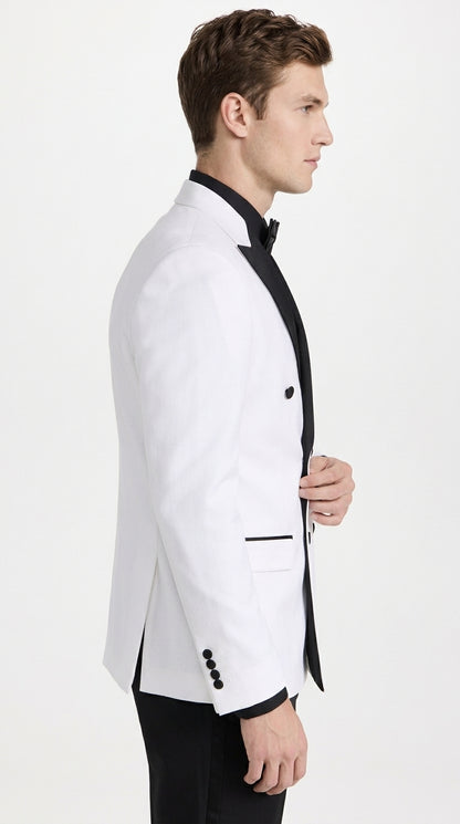 Men's White Double Breasted Tuxedo Dinner Jacket with Black Satin Peak Lapel – Formal Wedding Prom Blazer