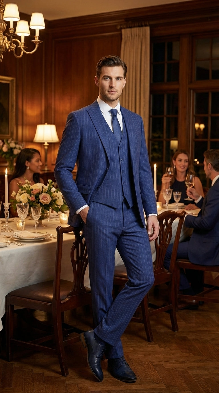 Men’s Cobalt Blue 3 Piece Suit – Indigo Light Blue Pinstripe Formal Suit with Vest for Wedding, Business Modern Fit Two buttons