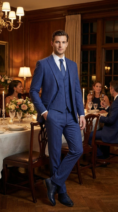 Men’s Cobalt Blue 3 Piece Suit – Indigo Light Blue Pinstripe Formal Suit with Vest for Wedding, Business Modern Fit Two buttons