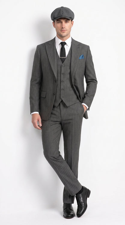 Men’s Thomas Shelby Peaky Blinders Gray Wool Suit Out fit Charcoal Grey Pinstripe 3-Piece  Vintage 1920s Suit