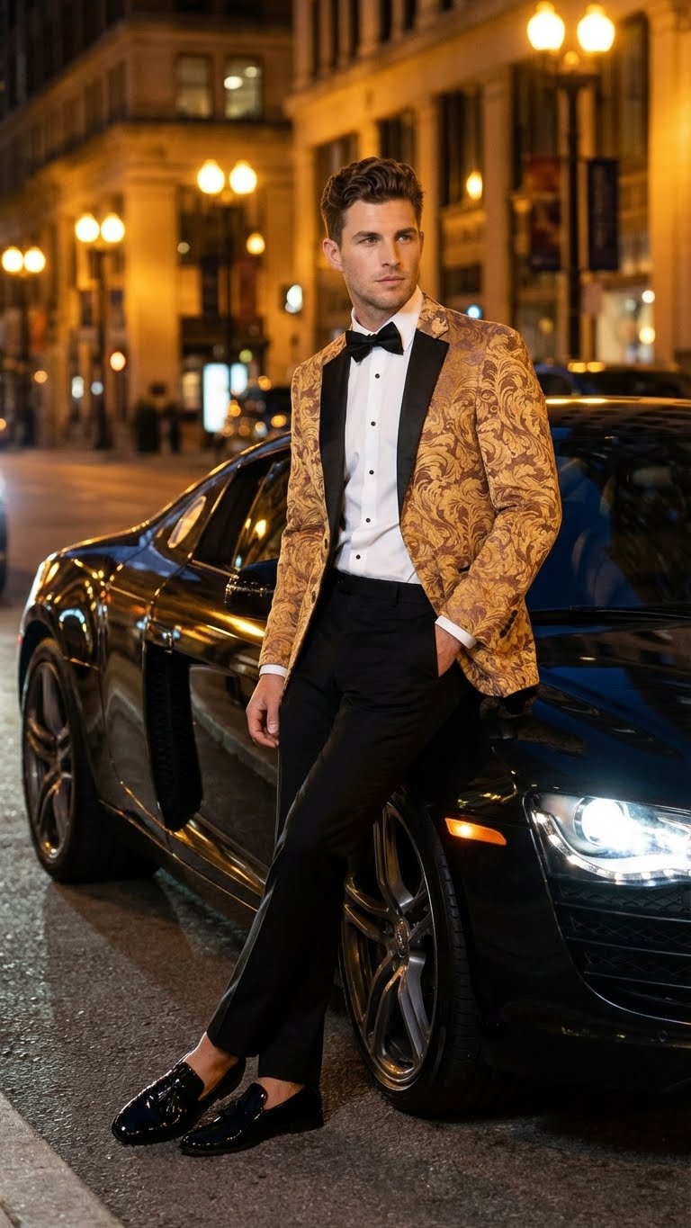 Men’s Yellow Gold Baroque Pattern Tuxedo Blazer Suit – Party and Wedding Jacket Prom Paisley Black Pants