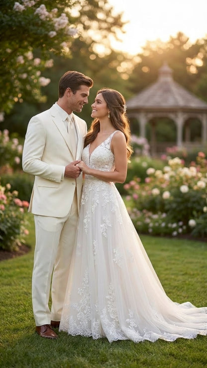 Men’s Ivory Tuxedo Suit with Satin Notch Lapel – Formal Wedding and Evening Wear Suit in Cream Off White Color