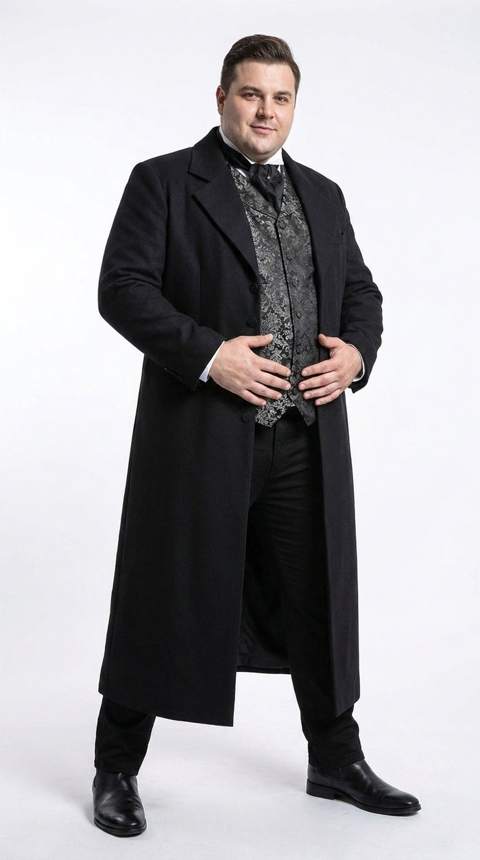 Men’s Matrix Neo Inspired Black Wool Duster Coat – Long Gothic Victorian Full Length Overcoat
