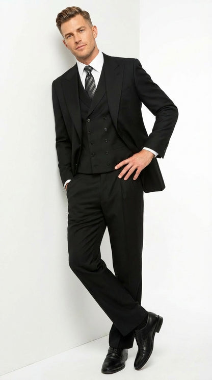 Tiglio Mens Black 3 Piece Suit – Single Button Classic Fit Pleated Wide Leg Pants Formal Business Church Suit - 100% Wool