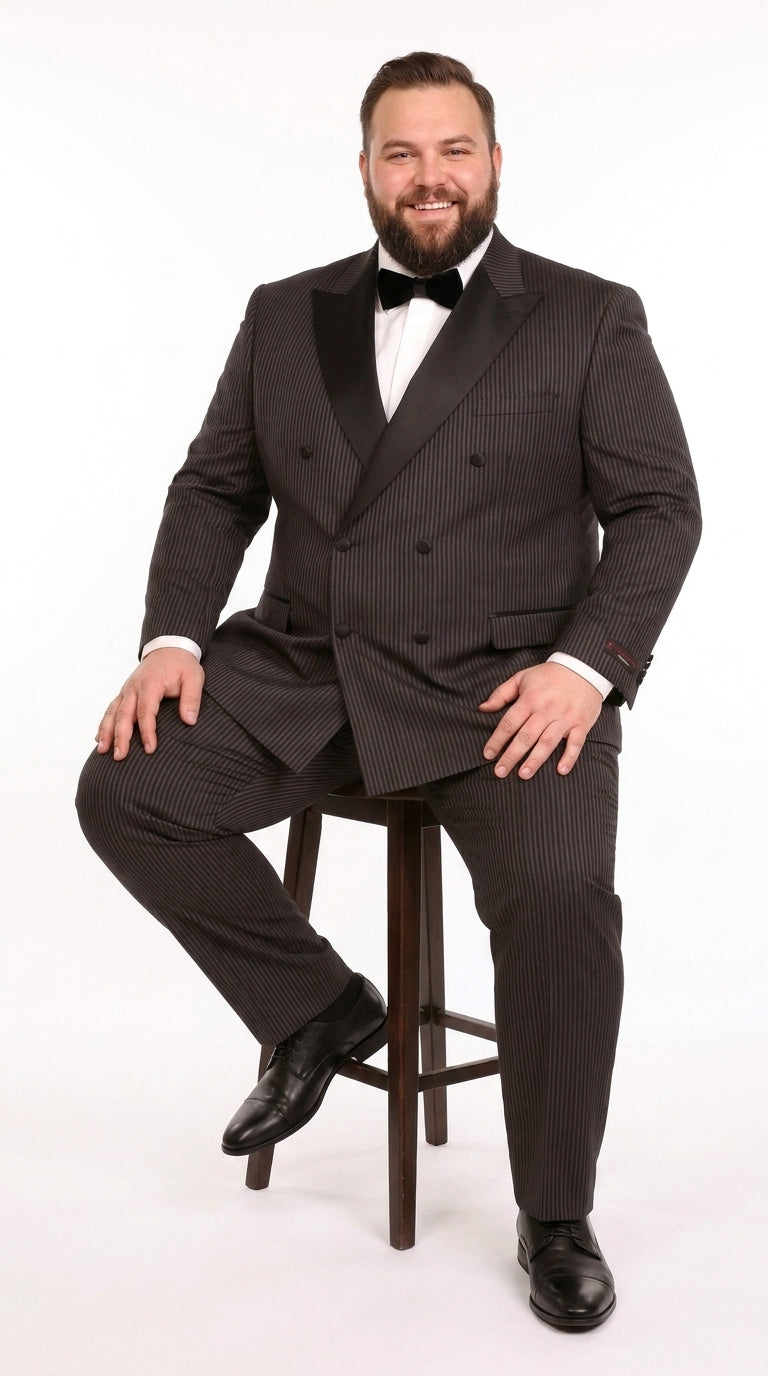 Men’s Black Shadow Pinstripe Double-Breasted Tuxedo Tone on Tone Formal Wedding  Suit Modern Fit 1920s Style