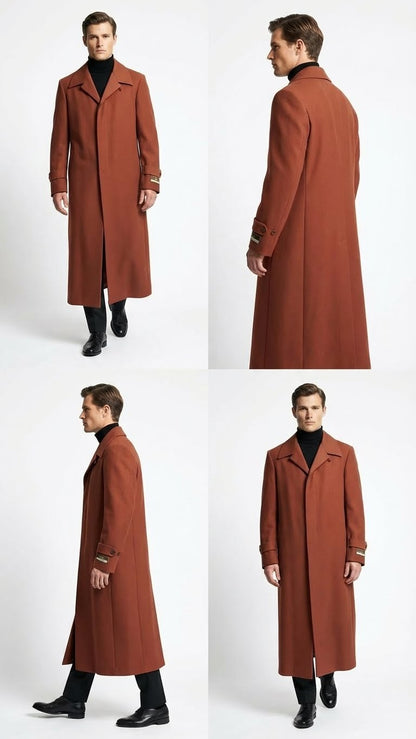 Men’s Full-Length Cognac Overcoat – Premium Wool-Blend Long Dress Coat for Winter and Formal Wear in Rust Brick Color
