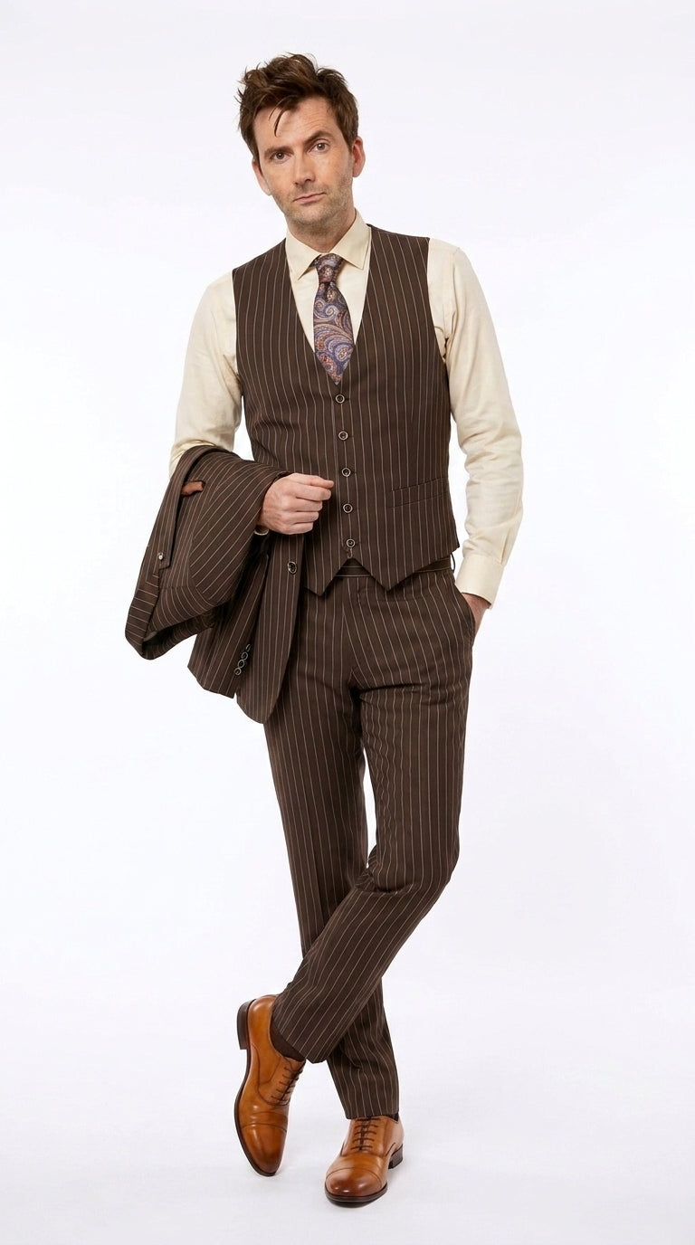 Men’s Doctor Who Inspired Brown Pinstripe 3-Piece Suit – Retro Vintage Wedding, Costume & Formal Suit