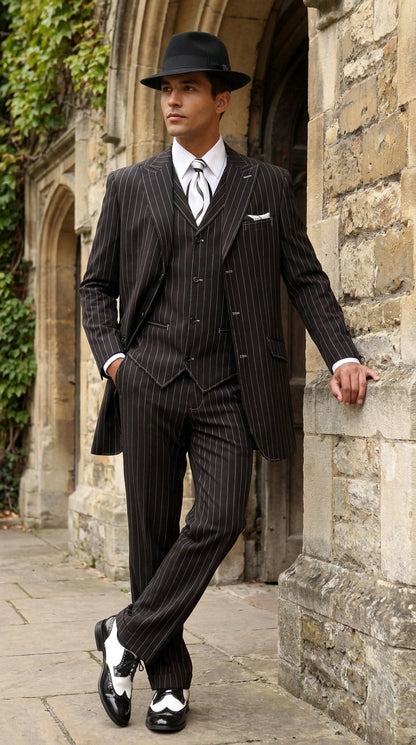 Men’s Black Pinstripe Zoot Suit – 3-Piece Gangster, Formal Suit 1920s Pimp Suit